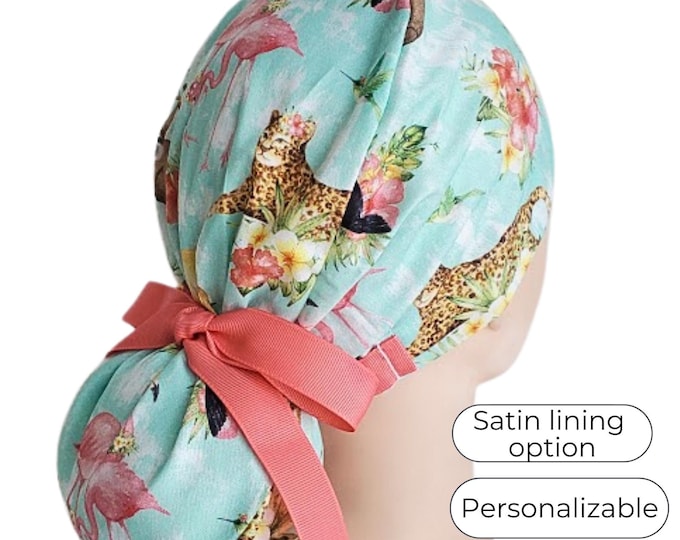 Sloth - Flamingo - Ponytail scrub cap for Women  - Surgical Cap - Coral Ribbons - Satin Lined Option -