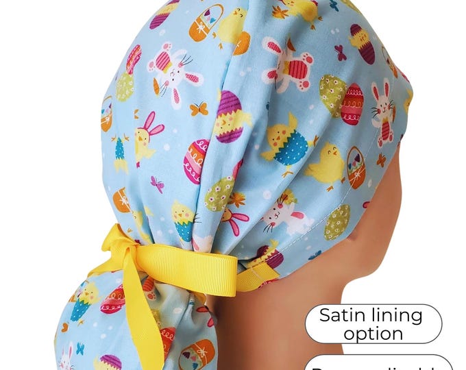 Easter Ponytail Scrub Cap for Nurses – Bunny & Egg Print | Personalizable | Optional Satin Lining