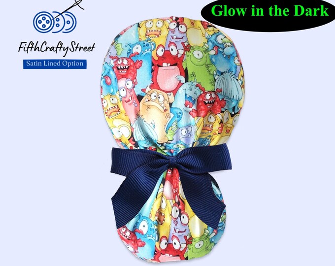 Glow in the Dark - Ponytail Scrub Cap -  Halloween - Surgical Cap with Satin Lining option - FifthCraftyStreet