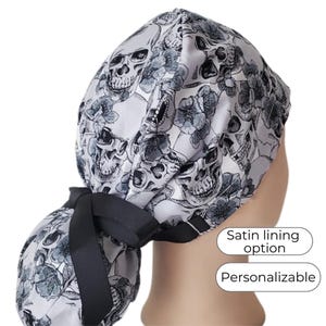 Scrub Cap Ponytail - Skull - Surgical Cap Halloween - with Satin Lining