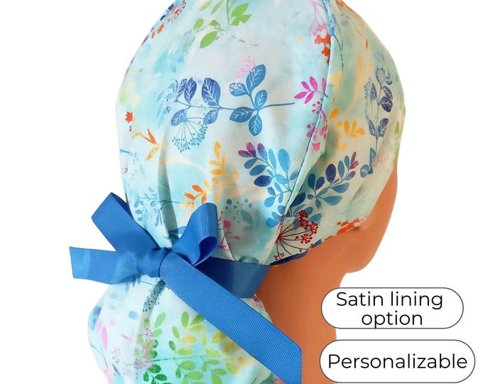 Watercolor Floral Ponytail Surgical Cap with Satin Lining Option