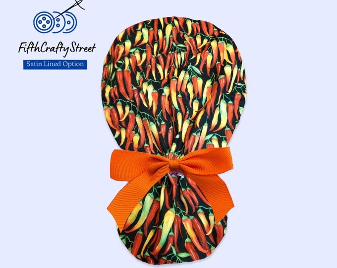 Satin Lined Scrub Cap with Ponytail Holder - Chilli Pepper - FifthCraftyStreet