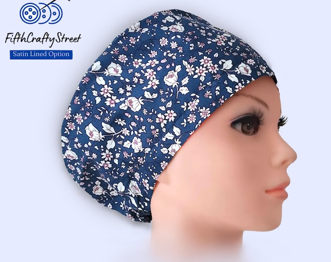 Euro Style Scrub Cap - Adjustable - Satin Lining option - floral navy  - FifthCraftyStreet