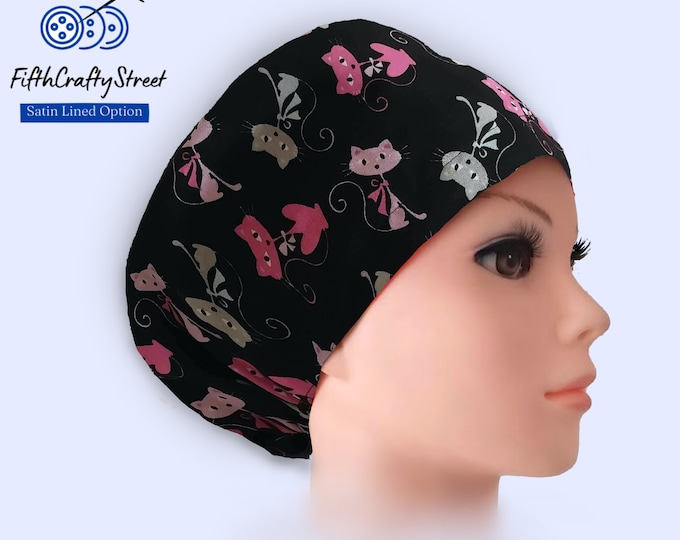 Euro Scrub Caps for Women - Adjustable - Satin Lining option - Cats on Black - FifthCraftyStreet