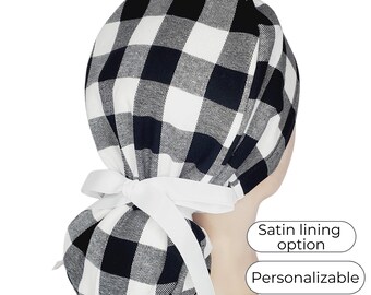 Christmas ponytail scrub cap in white/ black buffalo plaid flannel, satin lined option