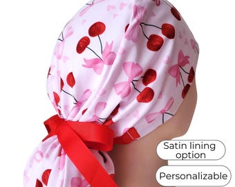 Cherry Pink Ponytail Scrub Cap, Valentine's Day, Satin Lined,Personalization option
