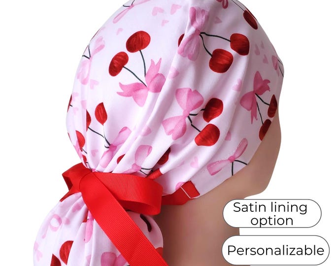Cherry Pink Ponytail Scrub Cap, Valentine's Day, Satin Lined,Personalization option
