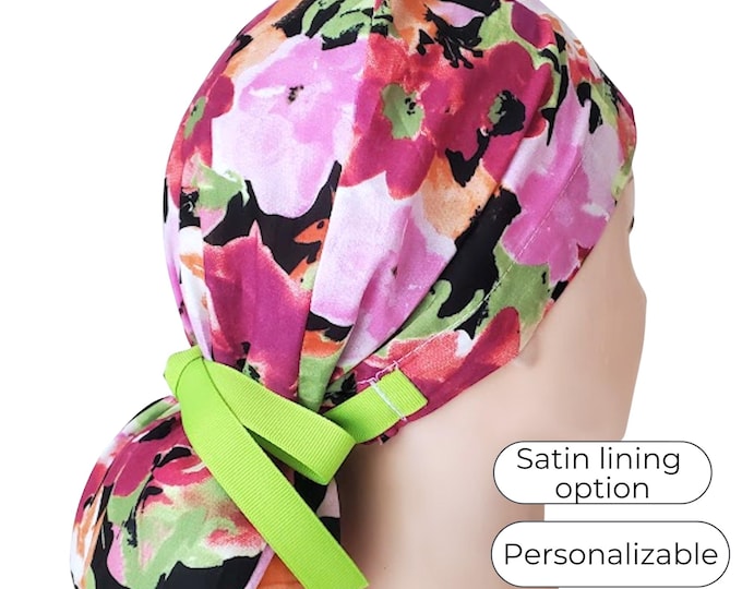 Floral Ponytail Scrub Cap for Women - Surgical Cap with Satin Lining Option - lightweight Cotton - FifthCraftyStreet