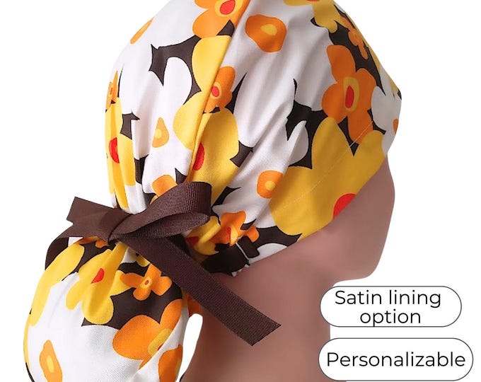 Nurse Scrub Cap Ponytail Style with Satin Lining Option: Yellow and Orange Retro Floral