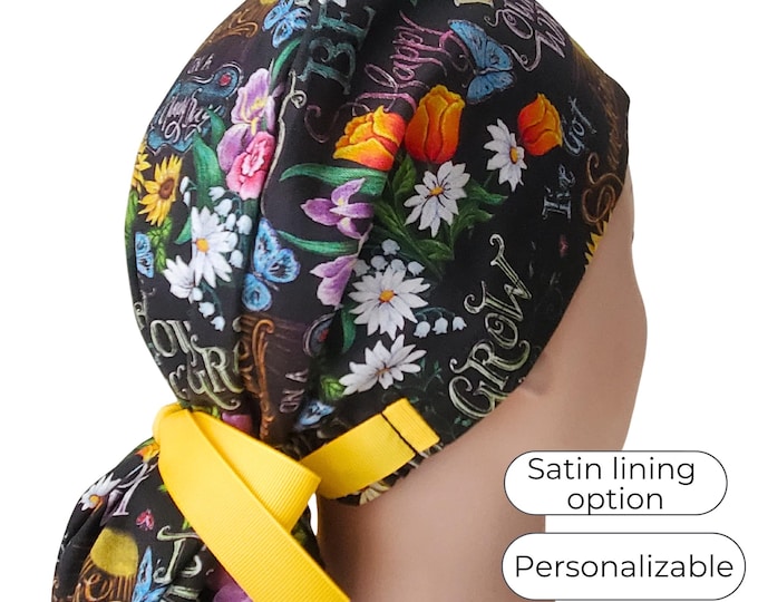 Sunflower Ponytail Scrub Cap – Floral Print on black, Satin Lining Option, personalize