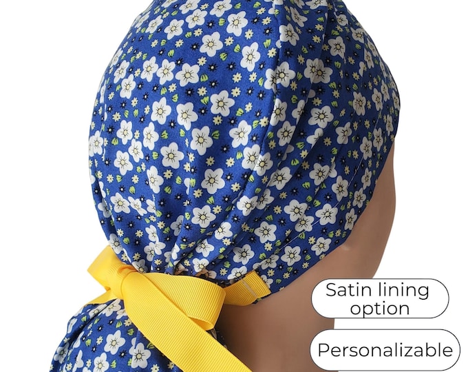Blue Cherry Blossom Ponytail Scrub Cap for Women: Satin and Personalization Option