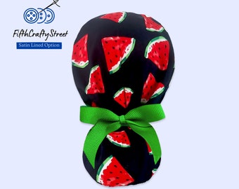 Watermelon navy Ponytail Scrub Cap for Women - Surgical Cap with Silky Satin Lining Option