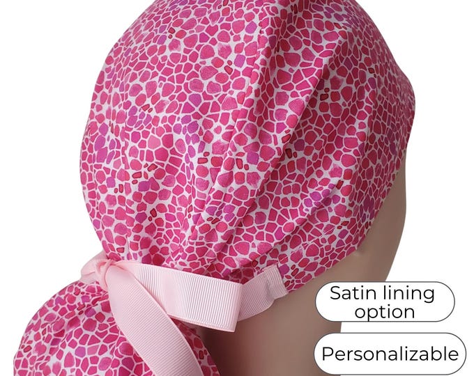 Berry Mosaic Ponytail Scrub Cap - Surgical Cap - Satin Lined option