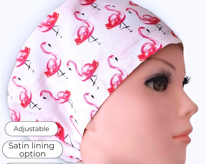 Pink Flamingo Euro Surgical Scrub Cap for Women: Adjustable, Satin Lining Option, Personalized