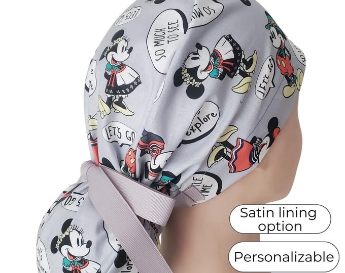 Cartoon Characters Ponytail Surgical Cap for Women Satin Lined Option