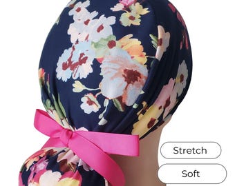 Stretch Ponytail Scrub Cap: navy floral print adjustable OR nurse cap