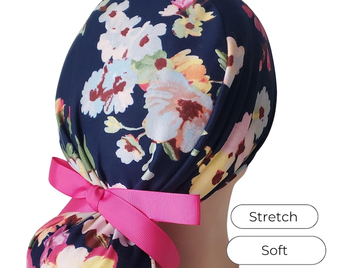 Stretch Ponytail Scrub Cap: navy floral print adjustable OR nurse cap