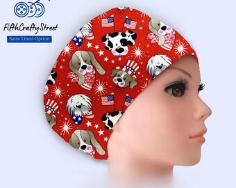 Patriotic Dog Euro Scrub Cap: 4th of July Surgical Cap (Satin Lining Option)