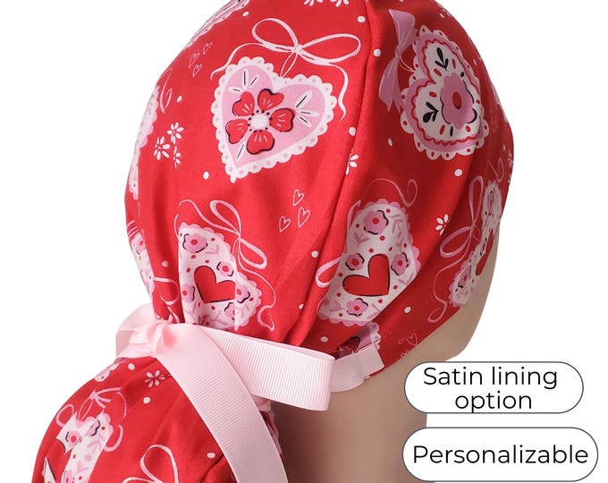 Ponytail Scrub Cap, Heart Patchwork Pattern: Personalization, Satin Lining, Buttons Option