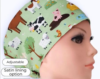 Farm Animal Euro Scrub Cap for Nurses – Personalized gift, Adjustable, Optional Satin Lining