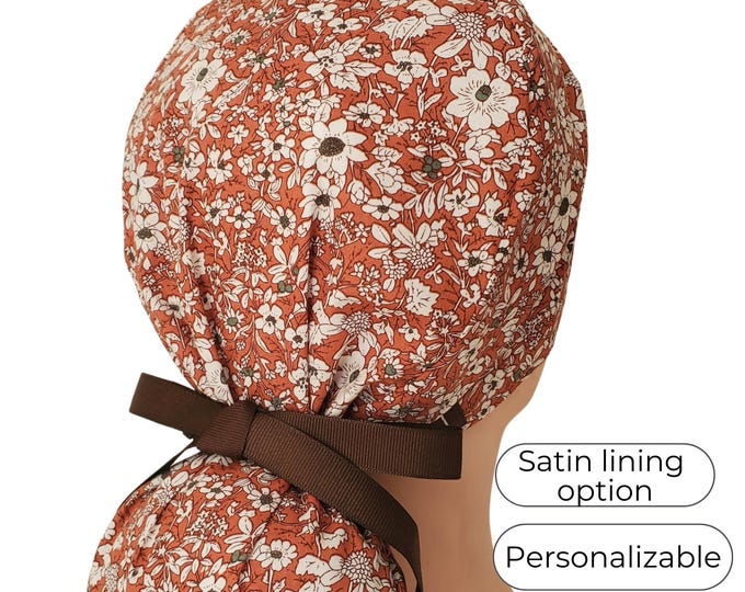 Burnt Orange Floral Ponytail Scrub Cap: Satin Lined with Personalization Option