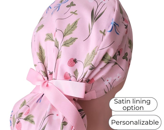 Strawberry Ponytail Scrub Cap for Women: Satin Lining, Personalization and Buttons Option