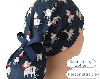 Zebra Ponytail Scrub Cap for Women - Surgical Cap with Satin Lined option
