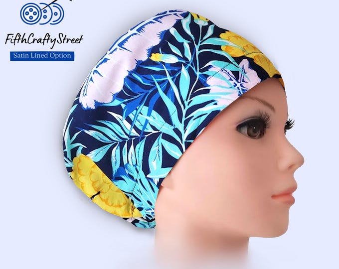 Euro Scrub Caps - Adjustable - Satin Lined option - Roses - Floral Black - FifthCraftyStreet