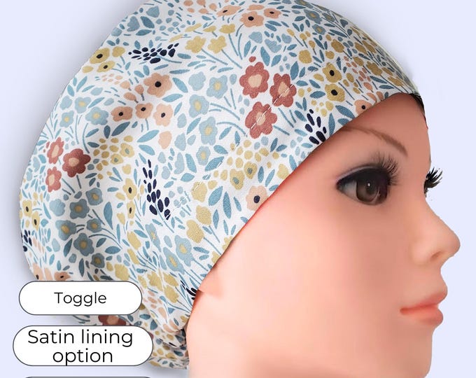 Pastel Floral Euro Scrub Cap Satin Lined Surgical Hat for Nurses