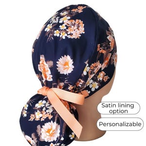 Satin Lined Surgical Scrub Cap - Navy with Coral Ribbons - Satin lining option