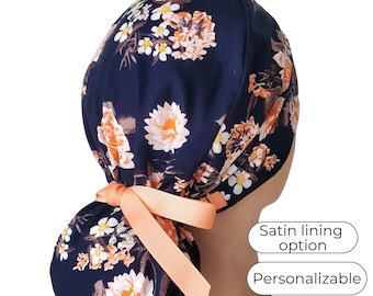 Satin Lined Surgical Scrub Cap - Navy with Coral Ribbons - Satin lining option