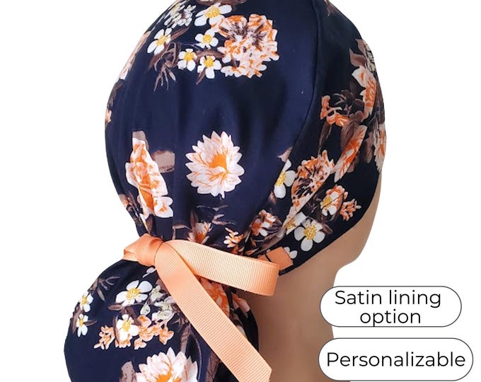 Satin Lined Surgical Scrub Cap - Navy with Coral Ribbons - FifthCraftyStreet