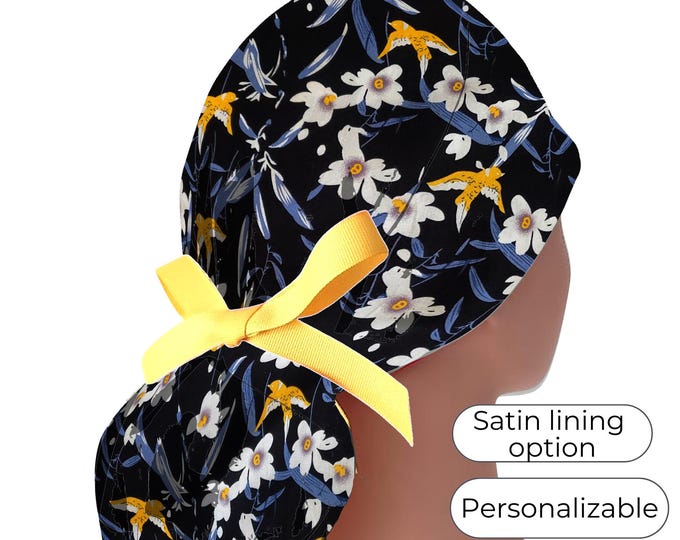 Floral Ponytail scrub cap for Women  - Surgical Cap with buttons and Satin Lined Option - FifthCraftyStreet