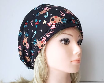 stretchy scrub cup, surgical euro hat, Black Raindeer Christmas -