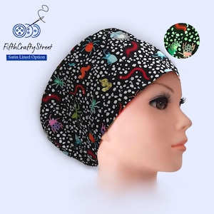 Euro Scrub Cap: Glow Bugs Pattern - Satin Lined, buttons , personalizable options