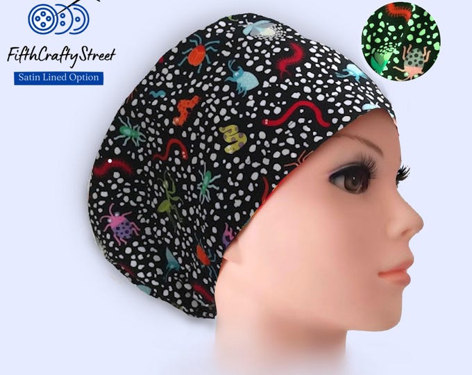 Euro Scrub Cap: Glow Bugs Pattern - Satin Lined, buttons , personalizable options