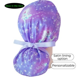 Scrub Caps for Women Ponytail Style with Personalization Option: Glow in the Dark on purple