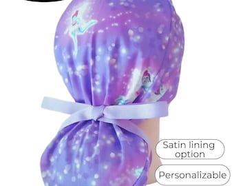 Scrub Caps for Women Ponytail Style with Personalization Option: Glow in the Dark on purple