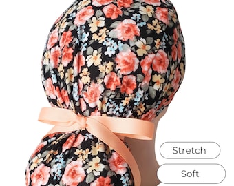 Stretch Ponytail Scrub Cap: floral on black print adjustable scrub hat