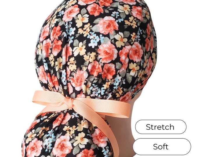 Stretch Ponytail Scrub Cap: floral on black print adjustable scrub hat