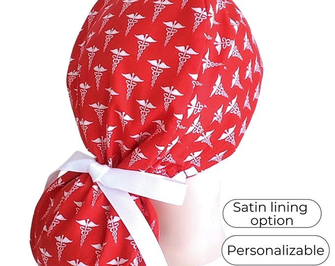 Ponytail Scrub Cap: Cotton Medical Snake Symbol, Satin Lined