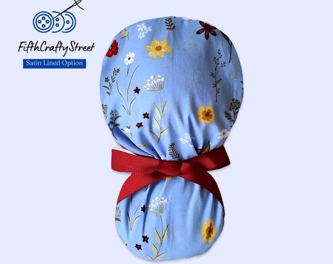 Ponytail Scrub Cap - Surgical Cap - Floral - Lightweight Cotton - Silky Satin Lined Option - FifthCraftyStreet