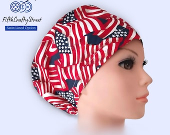 American Flag Euro Scrub Cap: Patriotic 4th of July Surgical Hat (Satin Lining Option)