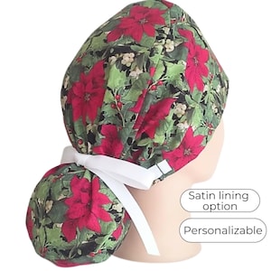 Satin Lined Ponytail Scrub Cap: Christmas Cotton Scrub Hat