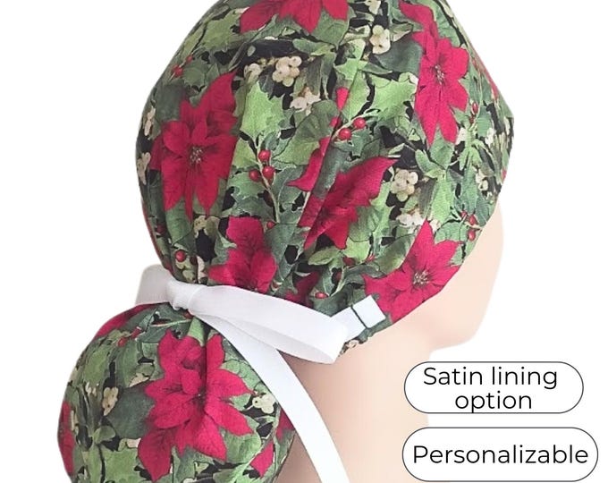 Satin Lined Scrub Cap option - Christmas Scrub Cap for women Ponytail Style - FifthCraftyStreet