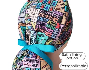 Operation Room Ponytail Scrub Cap, Surgeon cap: Satin Lined Option, Buttons for mask