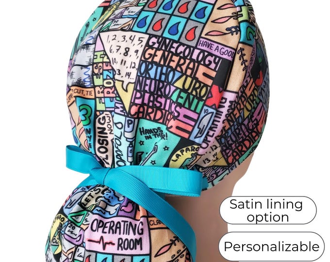 Operation Room Ponytail Scrub Cap, Surgeon cap: Satin Lined, Buttons for mask