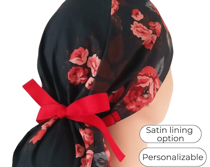 Ponytail Scrub Cap - Surgical Cap - Roses Floral - Satin Lined Option