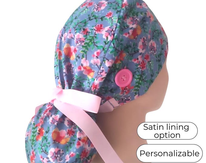 Satin Lined Scrub Cap Ponytail style - Lavender Floral Surgical Cap for Women