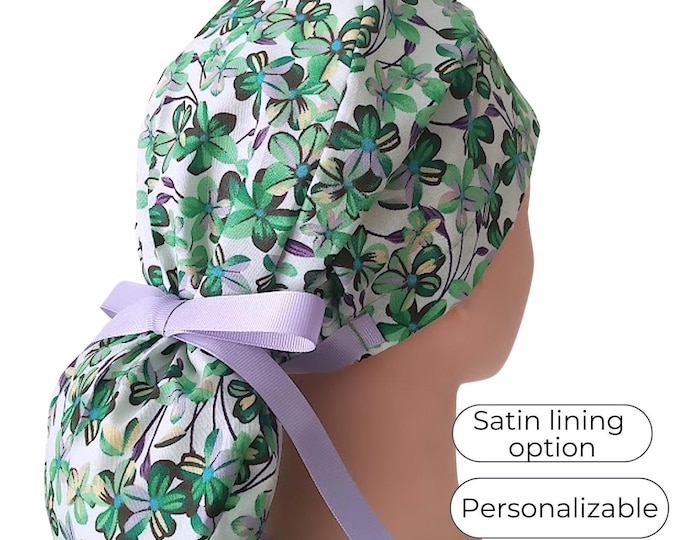 Floral Scrub Caps Ponytail with Satin Lined Option